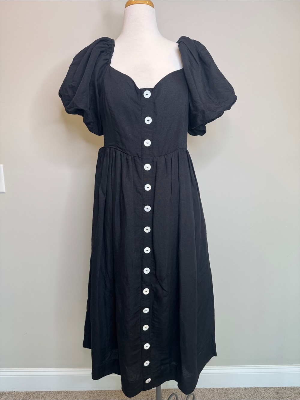 Pomander Place Black Puff-Sleeve Button Midi Dress Milkmaid Feminine Size XL